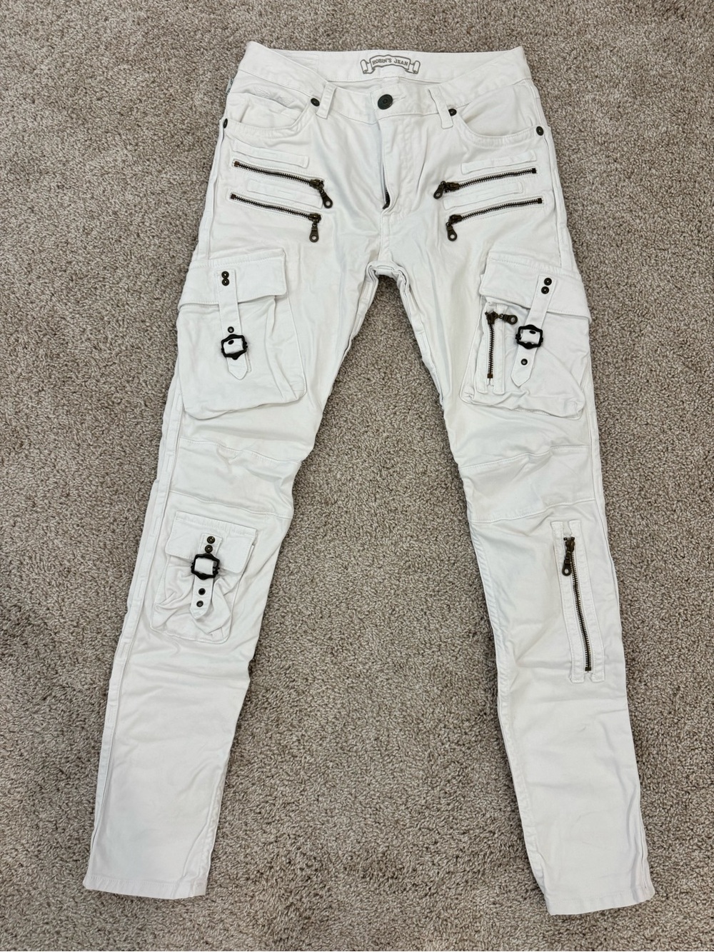 Robin's Jean Men's White Cargo Pants with Zip & Buckle Details